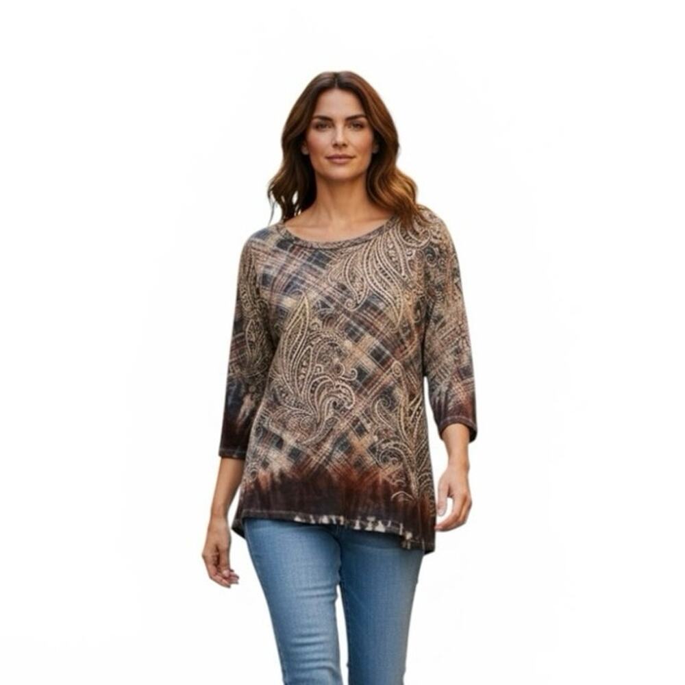 Avenue Women Sz 22/24 Tunic Navy Floral Over Plaid Sparkle Top 3/4 Sl Plus Size